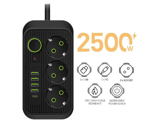 JD142   5М  Сетевой фильтр удлиннитель с USB 2500Вт 3 гнезда (80)